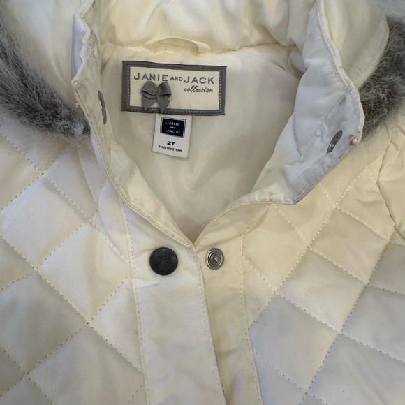 Janie and Jack Cream Quilted Jacket with Gray Fur Trim - Picture 3 of 4